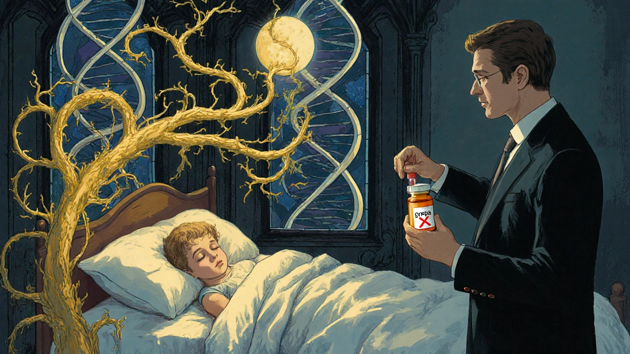 A child sleeps as gene chains twist into vines—one glowing, one breaking—under moonlight filtering through DNA-shaped windows.