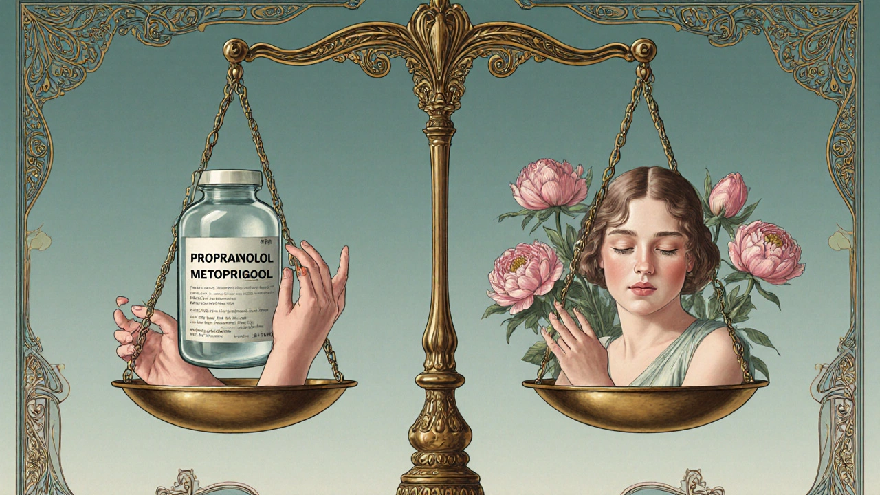 A floating scale balancing propranolol and metoprolol with floral symbols of side effects and relief.