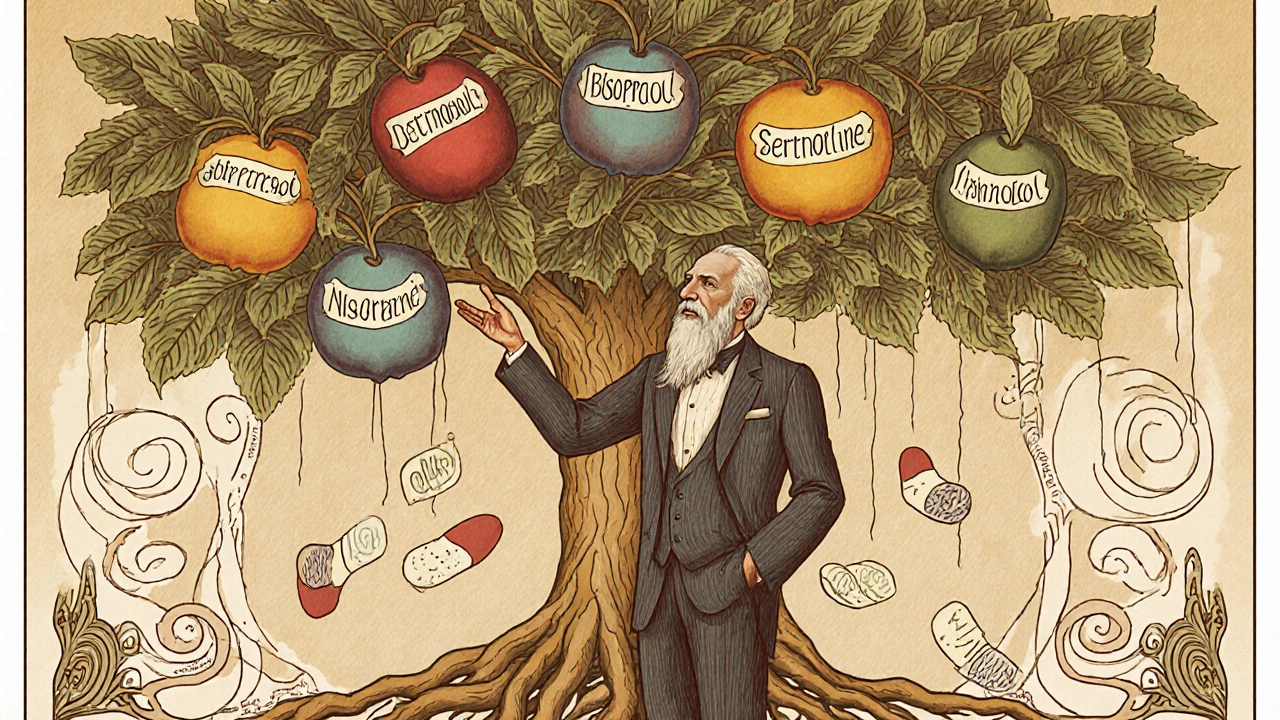 A medical tree with five fruit branches representing beta blocker alternatives for different conditions.