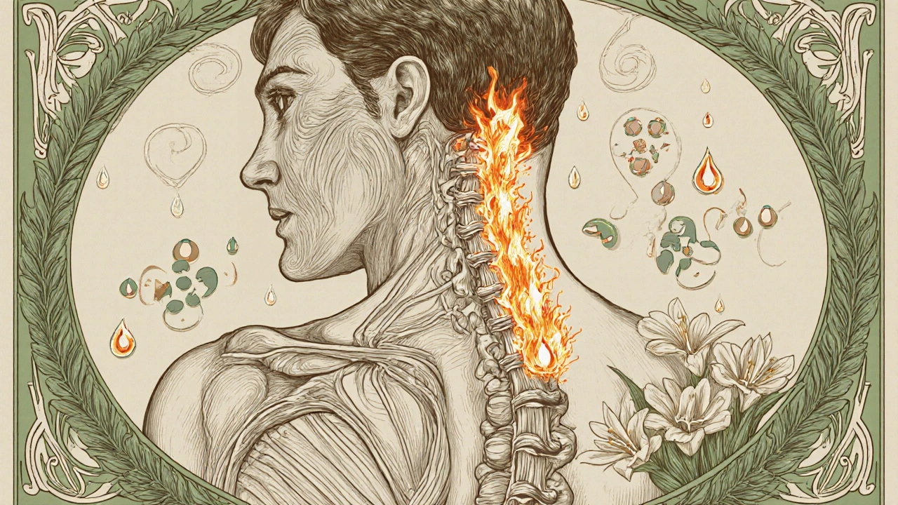 A spine with glowing calcitriol molecules silencing pain receptors amid floral Art Nouveau design.