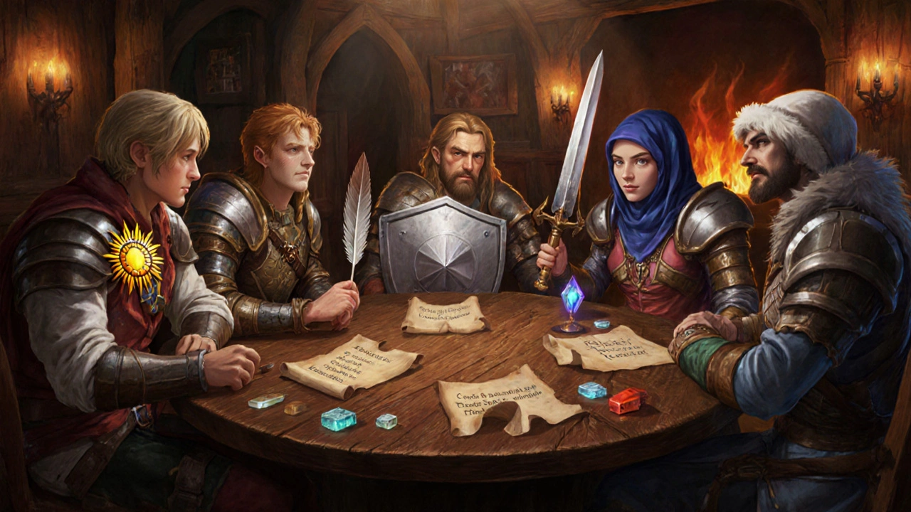 Adventurers at a tavern table each holding emblematic items representing different antidepressants.