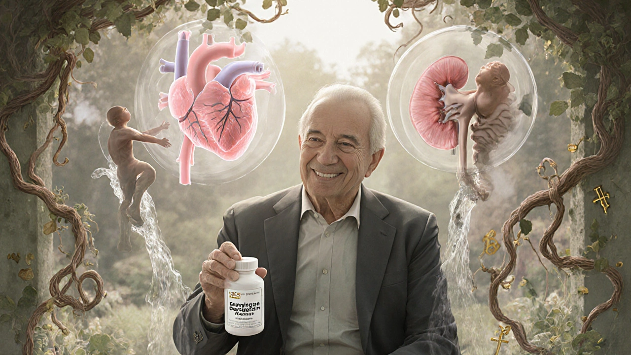 An elderly man in a garden is protected by heart and kidney icons as water flows against dehydration.