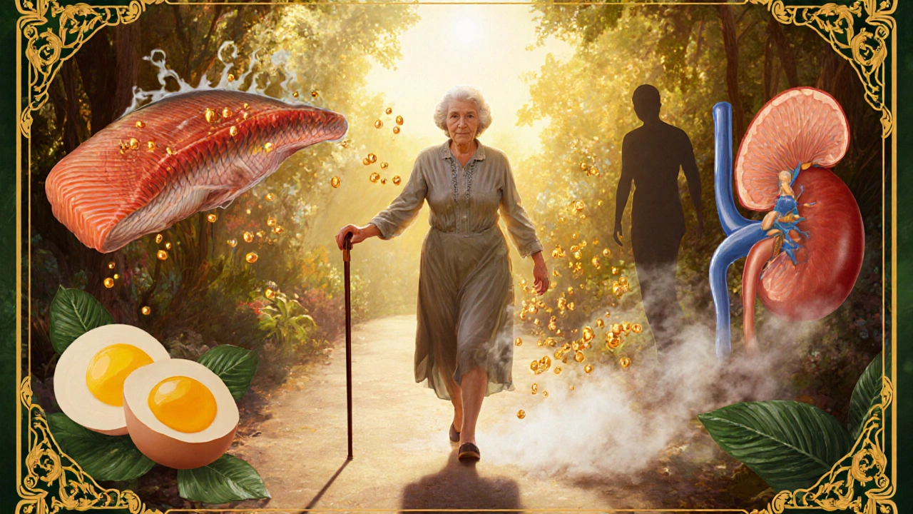 An elderly woman walking in sunlight as calcitriol flows into her body, leaving pain behind.