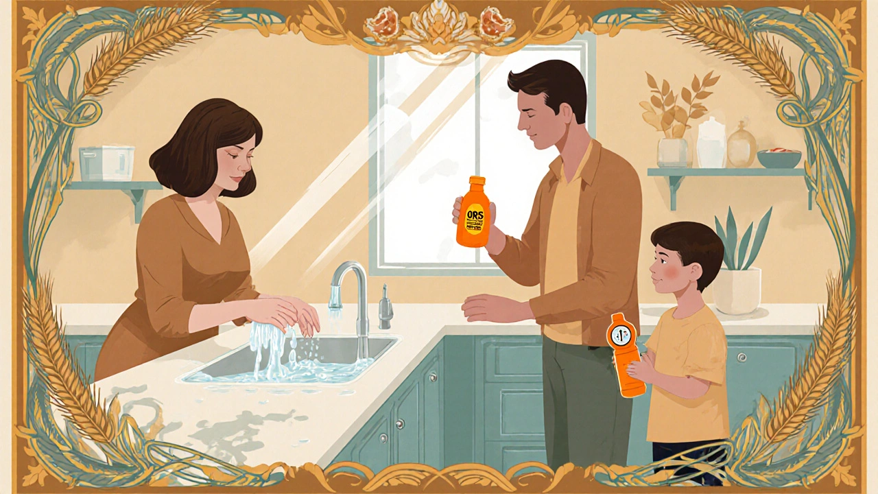 Art Nouveau ad showing family practicing food safety and drinking ORS.