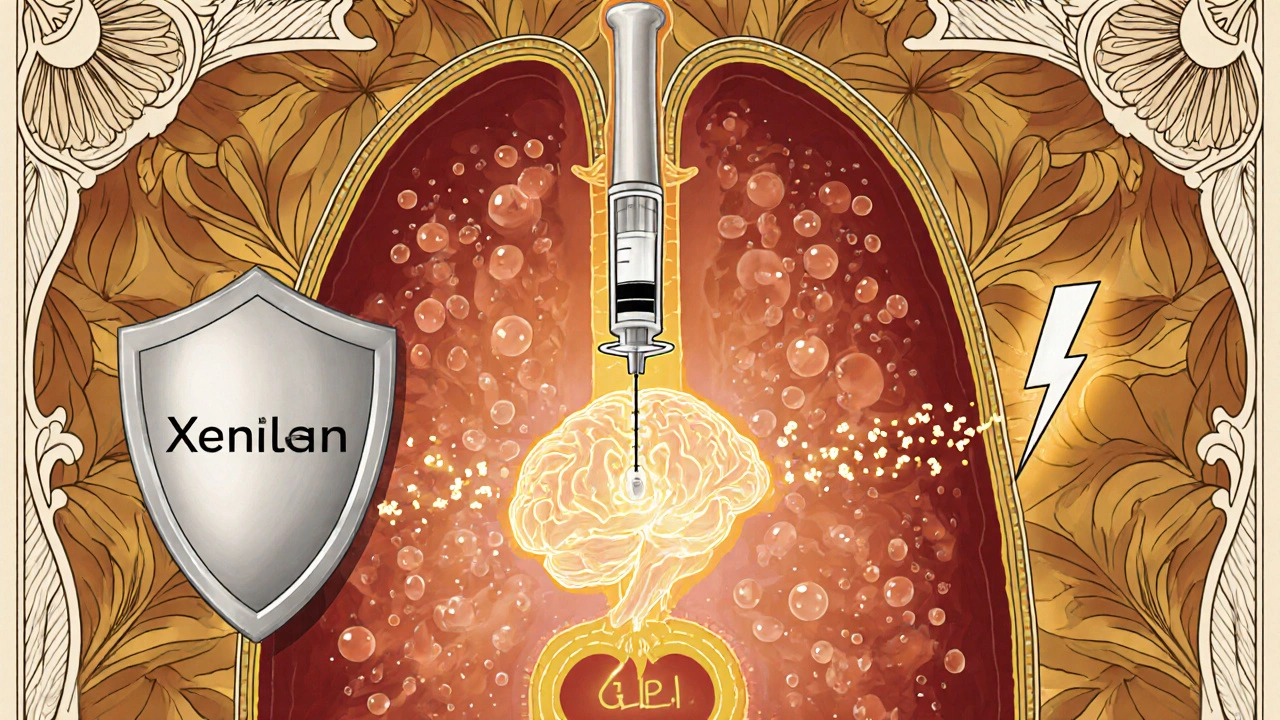 Art Nouveau cross‑section showing Xenical blocking fat, GLP‑1 acting on brain, and stimulant effect on heart.