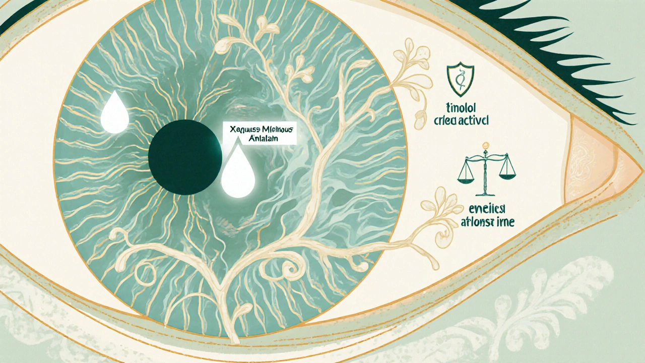 Art Nouveau eye cross‑section showing Xalatan drop widening fluid outflow channels.