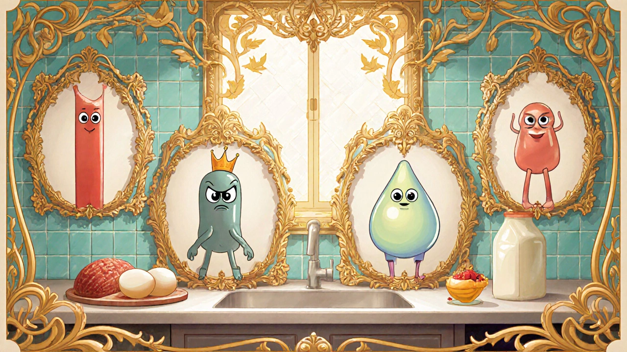 Art Nouveau kitchen illustration of cartoon microbes next to risky foods.