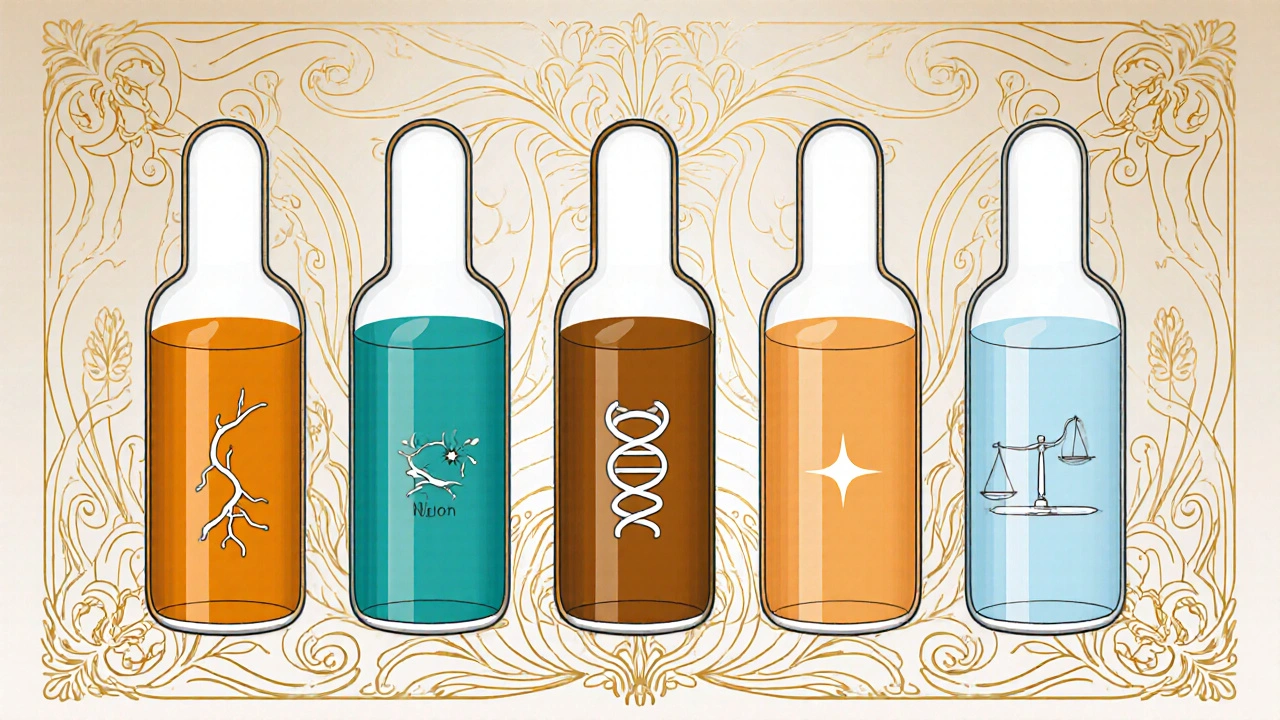 Art Nouveau poster comparing four B‑complex injection ampoules with floral borders and subtle vitamin icons.