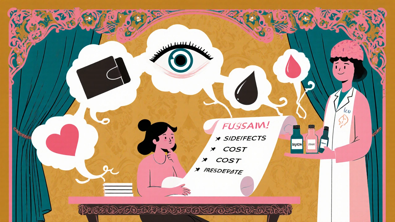 Art Nouveau scene of a patient weighing efficacy, cost, and preservatives with floating icons and a pharmacist.