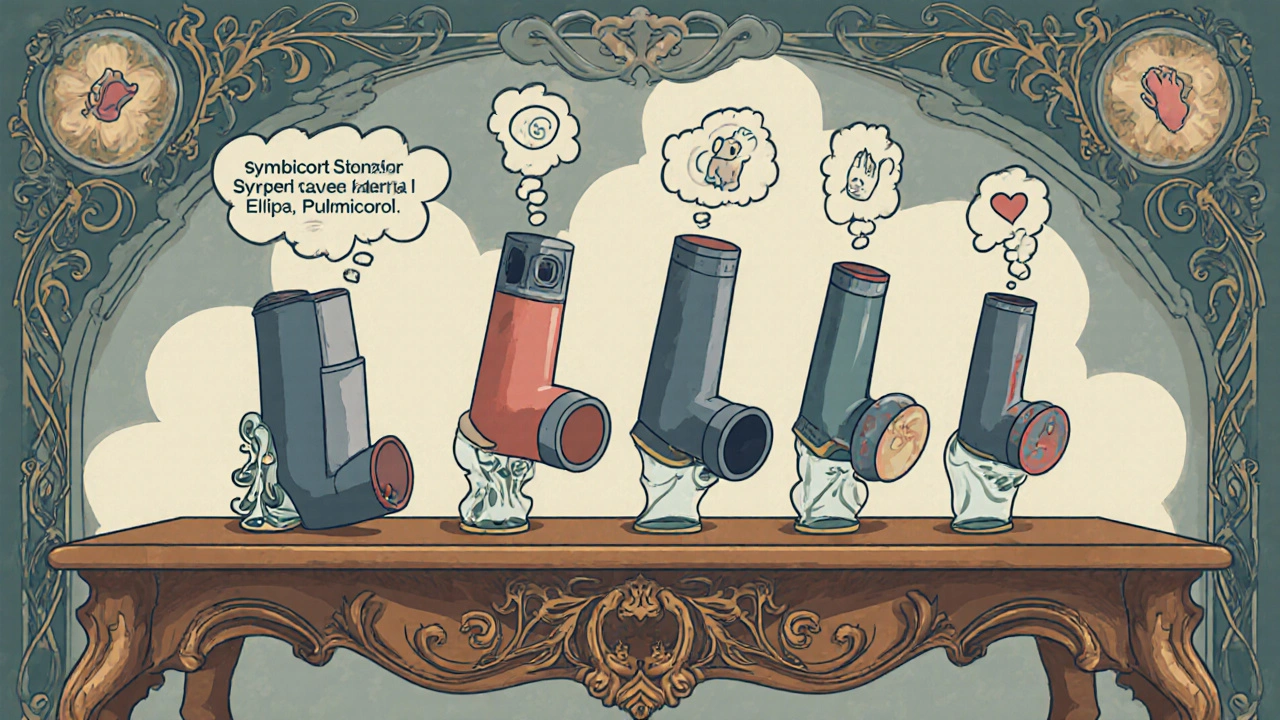 Art Nouveau style cartoon showing multiple inhalers arranged for comparison with side‑effect icons.