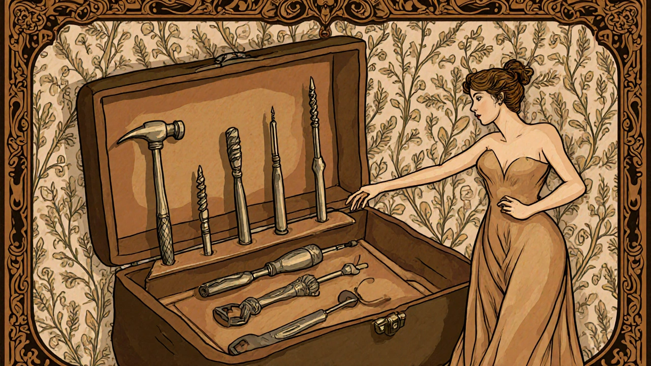 Art Nouveau toolbox with stylized screwdriver, hammer, wrench and a female figure selecting a tool.