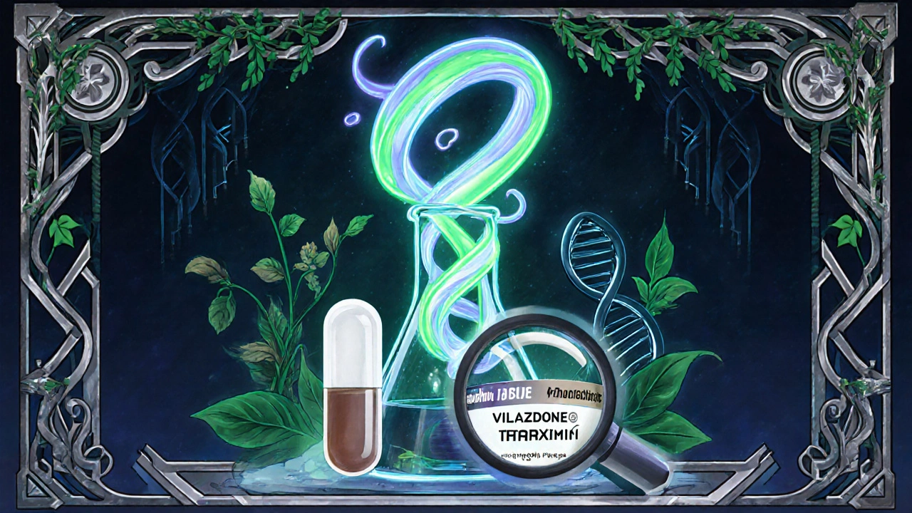 Artwork showing swirling serotonin ribbons, a Vilazodone pill, and rifaximin alongside a magnifying glass and lab beaker.