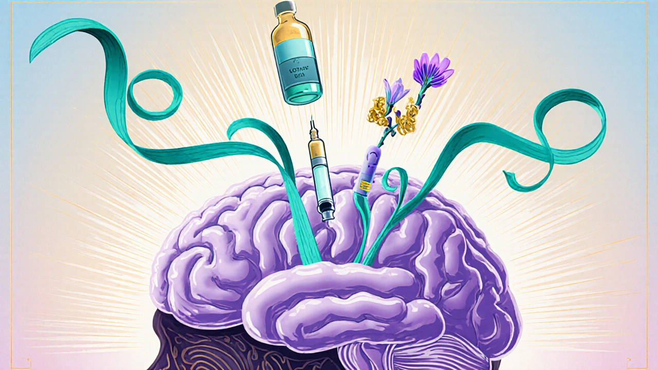 Brain illustration showing dopamine and serotonin pathways influenced by Loxitane tablet and injection.