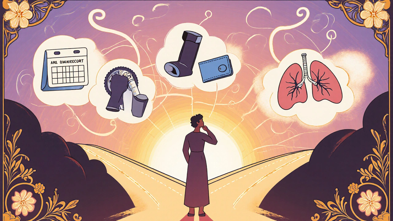 Cartoon scene of a person deciding among inhalers, surrounded by icons for dosage, device type, and cost.