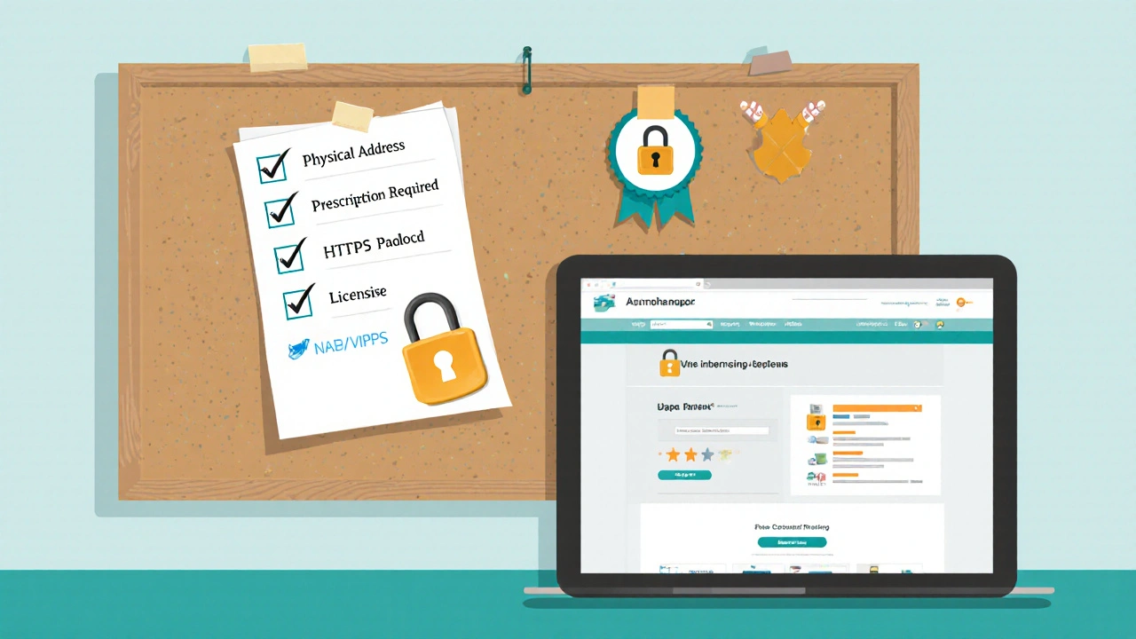 Checklist on corkboard with ticked verification items and tablet displaying secure pharmacy site.
