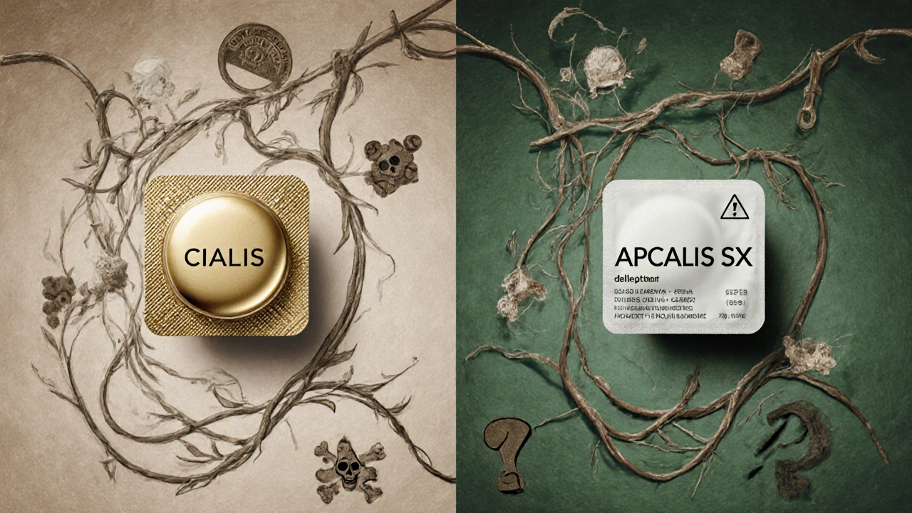 Cialis tablet and Apcalis SX jelly pack compared with warning vines, Art Nouveau style