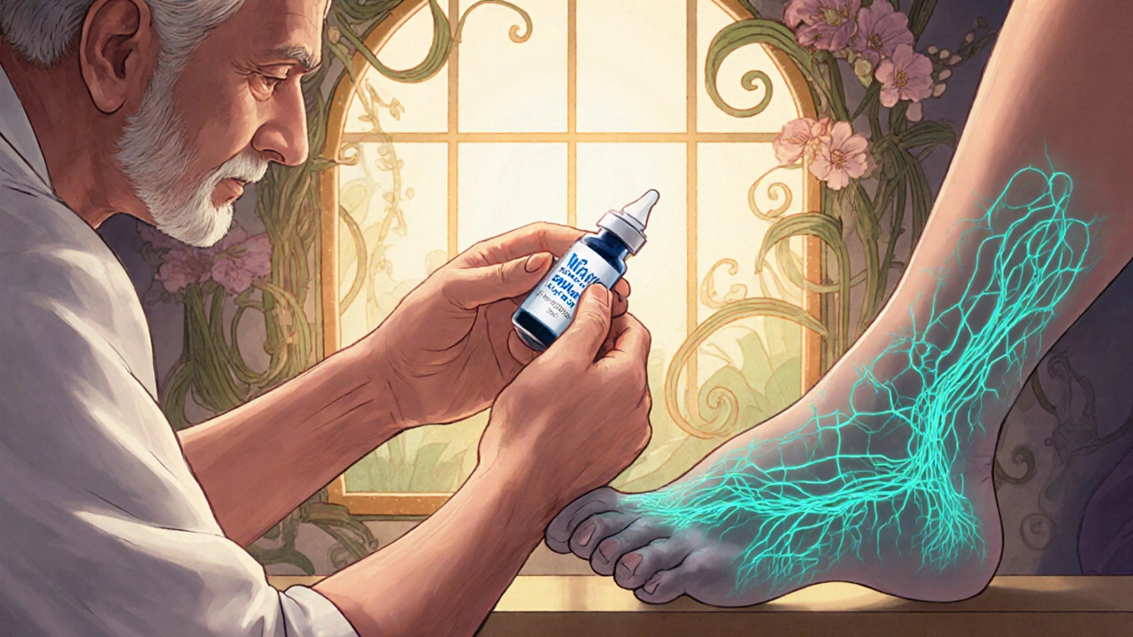 Doctor administering Neurobion Forte to a man, with illustrated nerve healing and soft sunlight.