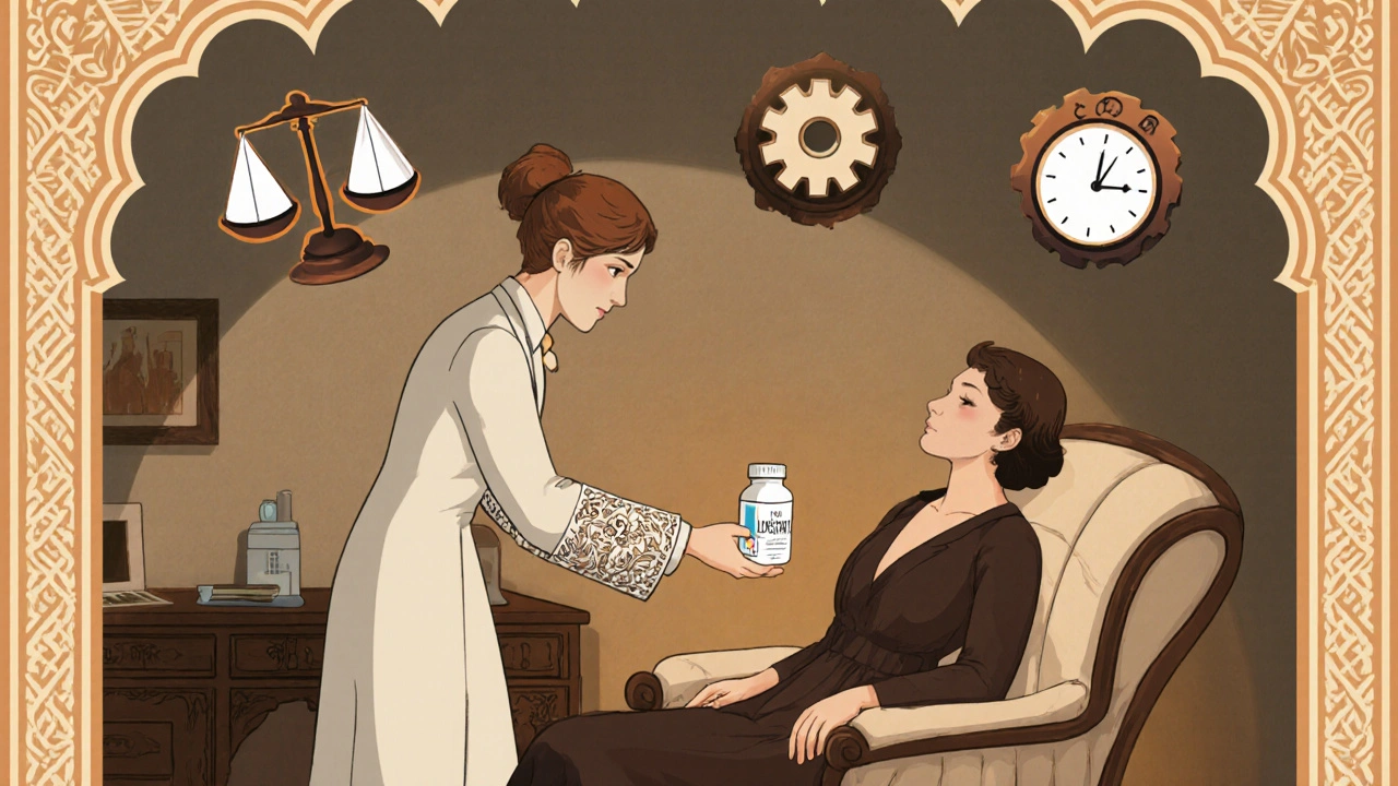 Doctor offering Loxitane to patient, surrounded by icons for low weight gain, moderate EPS, and quick onset.