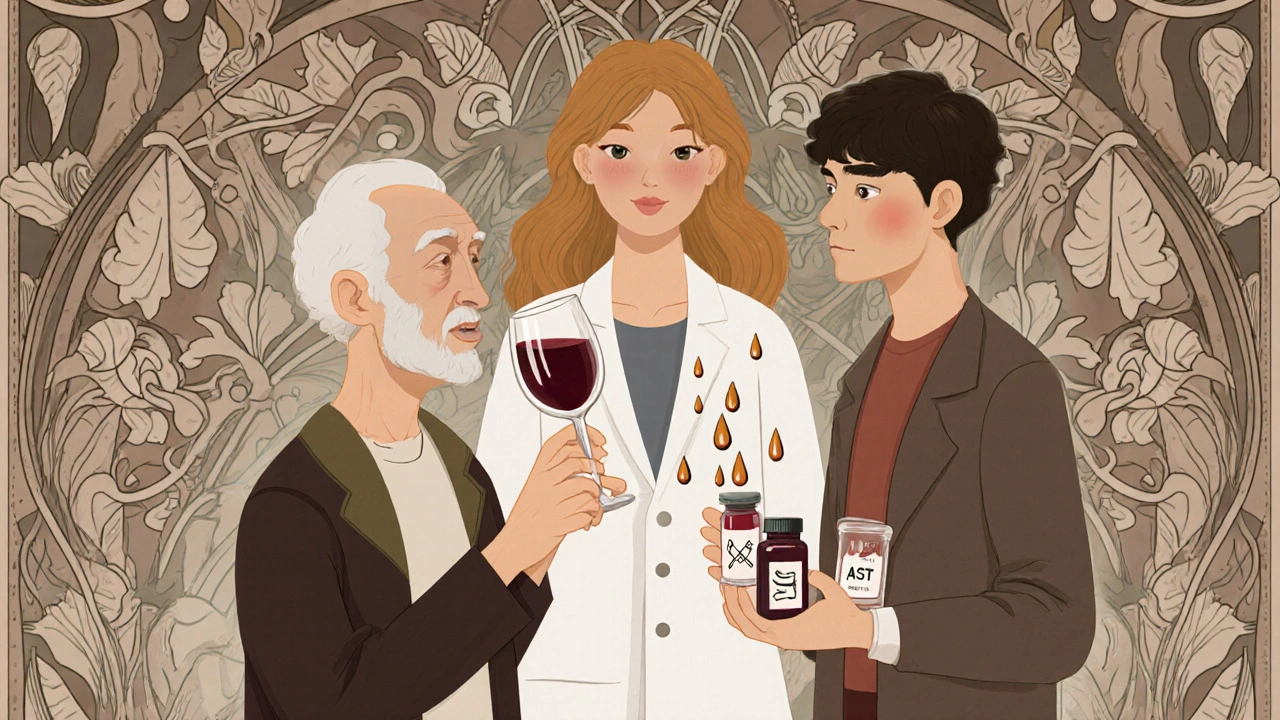 Elderly and young adult figures beside wine and medication, with a doctor showing a blood sample.
