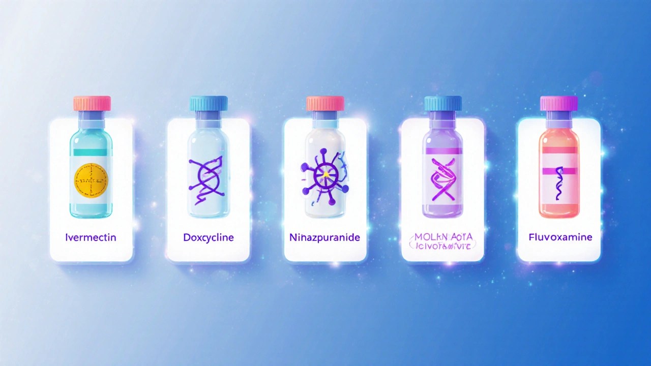 Five panels showing pills of ivermectin, doxycycline, nitazoxanide, molnupiravir, fluvoxamine with mechanism icons.