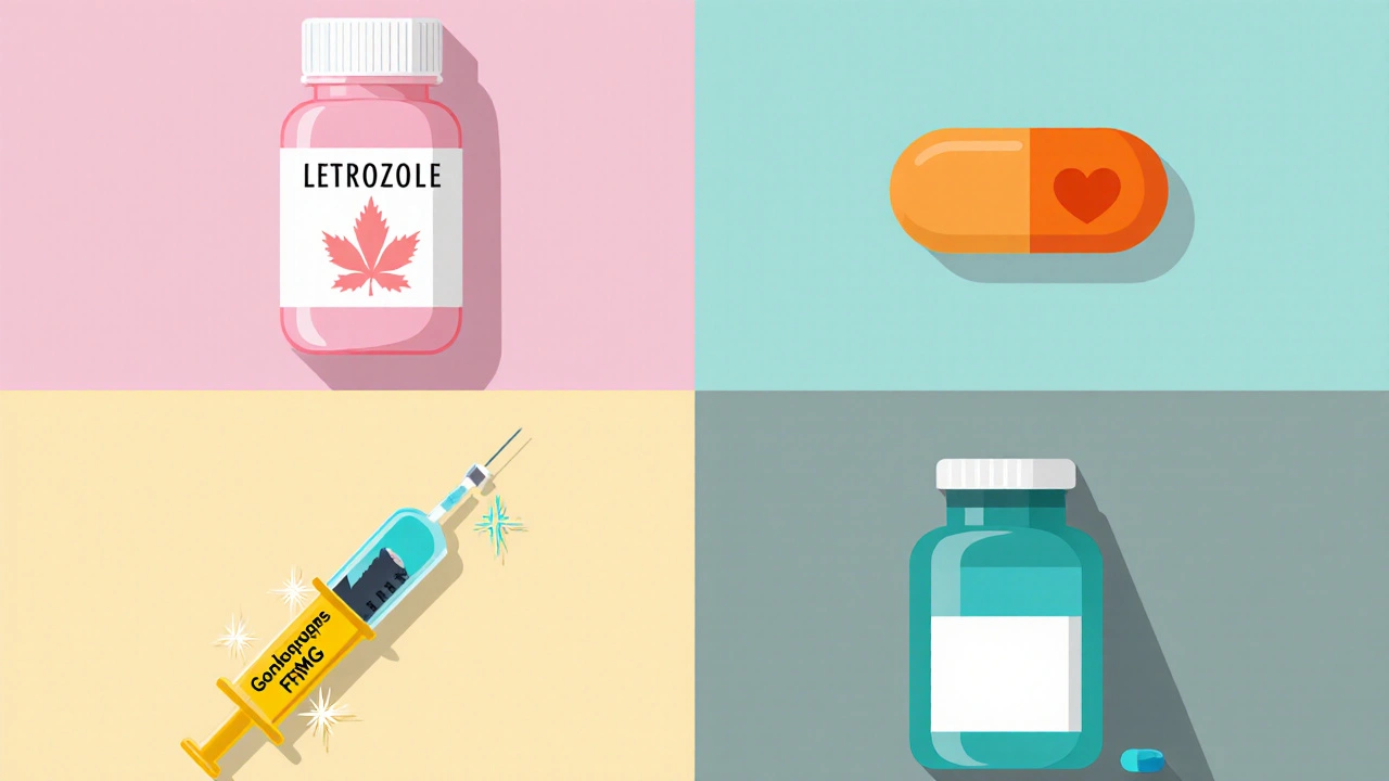 Flat collage showing Letrozole pill, Tamoxifen tablet, Gonadotropin syringe, and Metformin bottle with HCG ampoule.