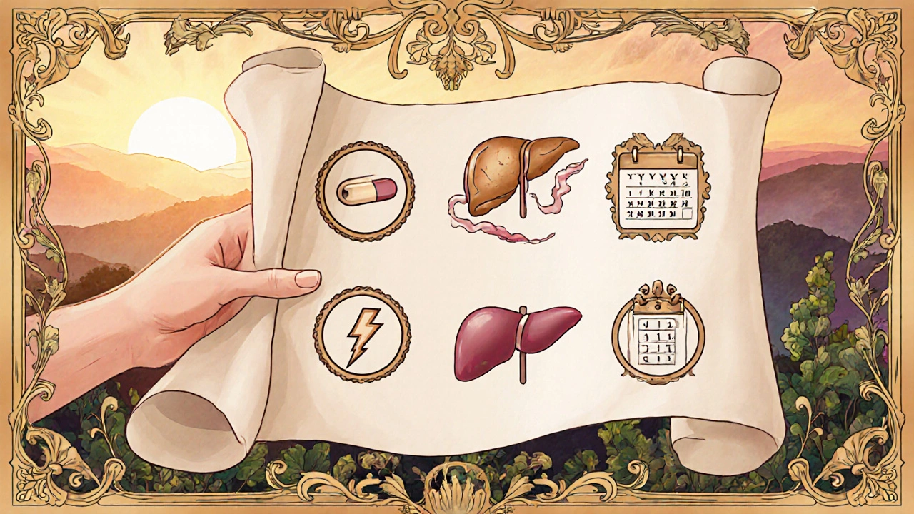 Hand holding a scroll with icons for pill, liver, calendar, and dose adjustment in decorative style.