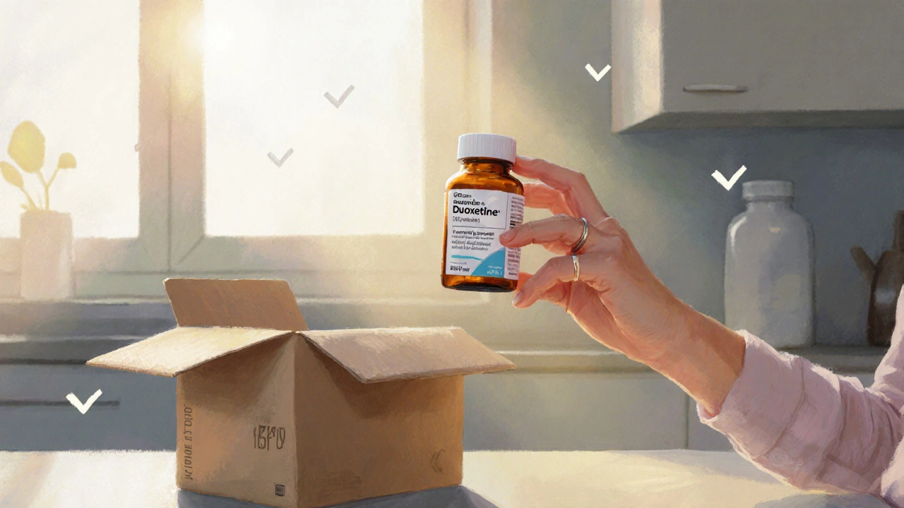 Hand inspecting a generic duloxetine bottle from an opened delivery box in morning light.
