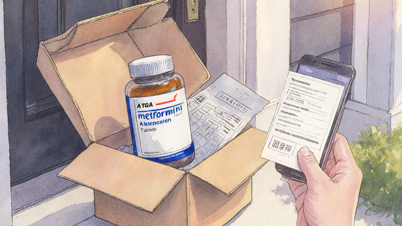 Hand opening a package, checking Metformin bottle and prescription.