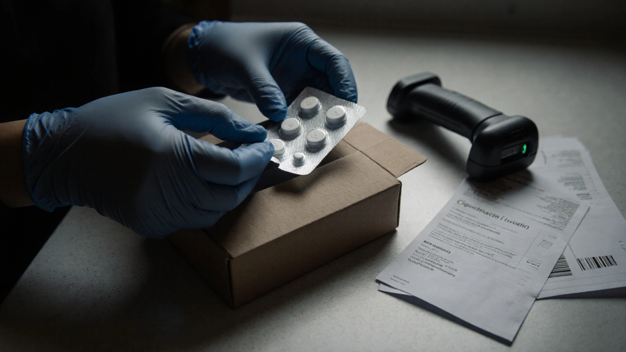 Hands inspecting opened package of ciprofloxacin tablets with tracking barcode nearby.