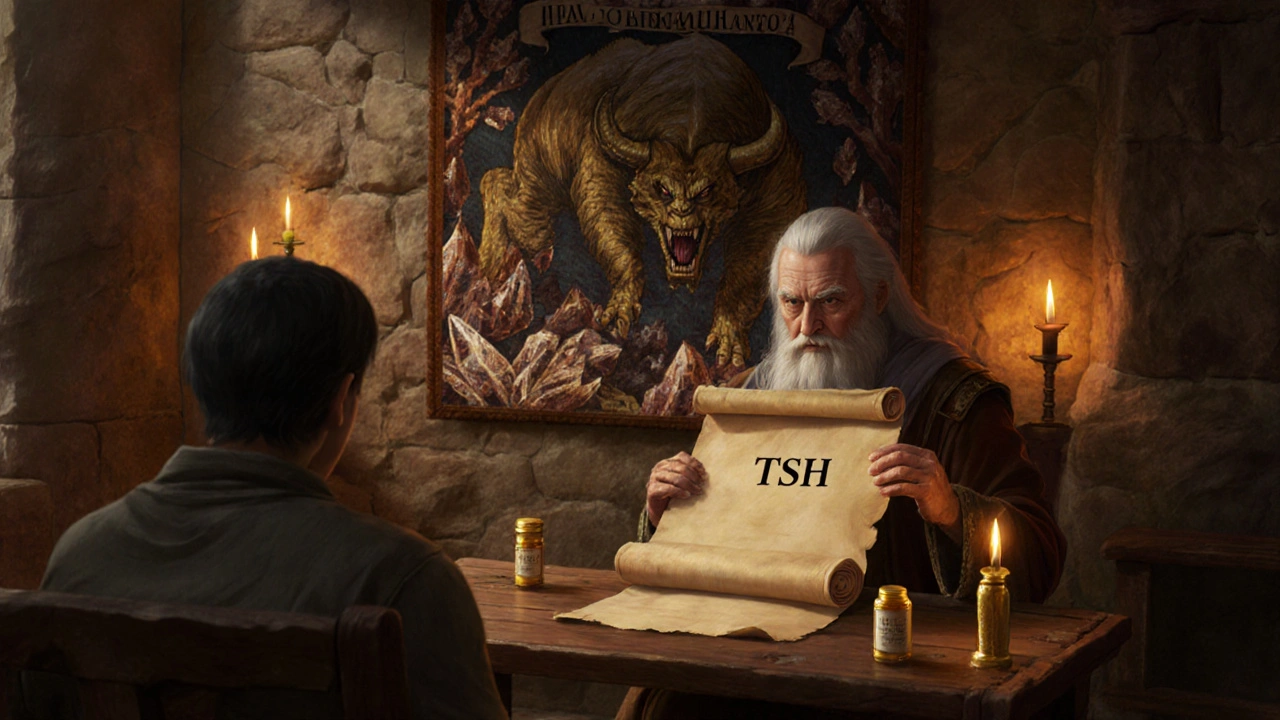 Healer reviewing a TSH test scroll and iodine tapestry inside a stone clinic.
