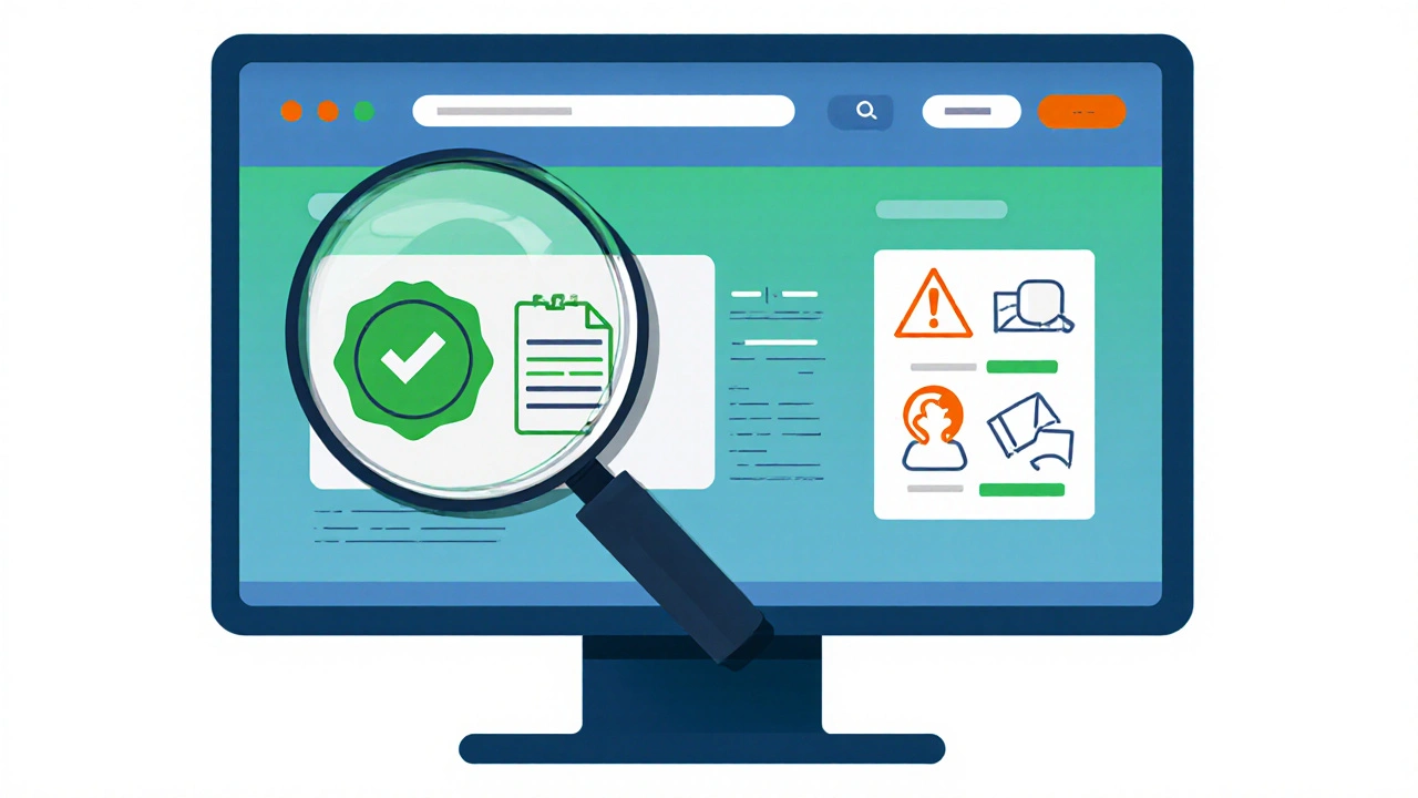 Illustrated pharmacy website with magnifying glass, certification emblem, and warning icons.