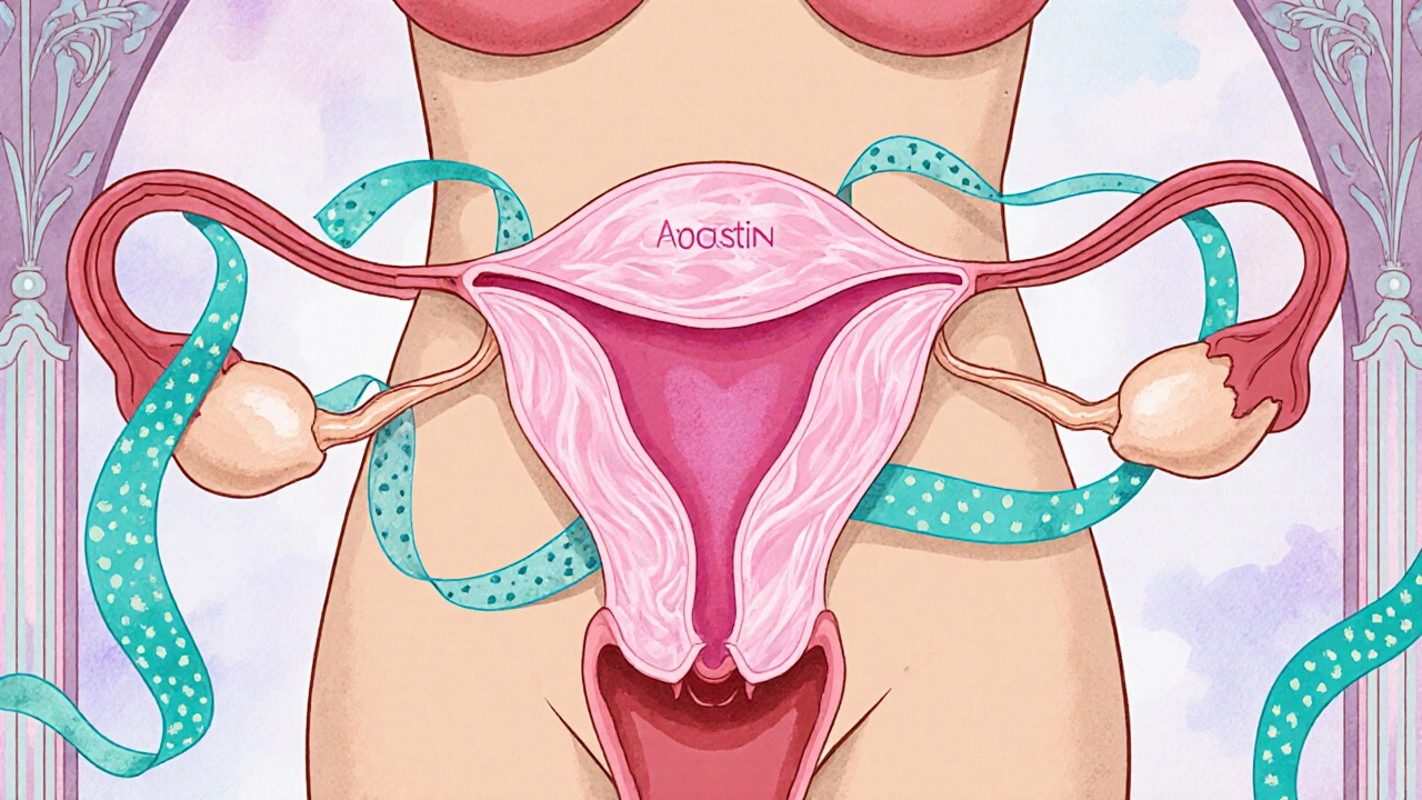 Illustrated uterus with swirling hormones and floral patterns representing Aygestin’s action.