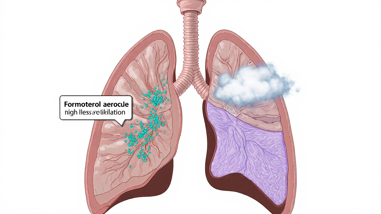 Illustration of airway showing Formoterol widening bronchi and Budesonide reducing inflammation.