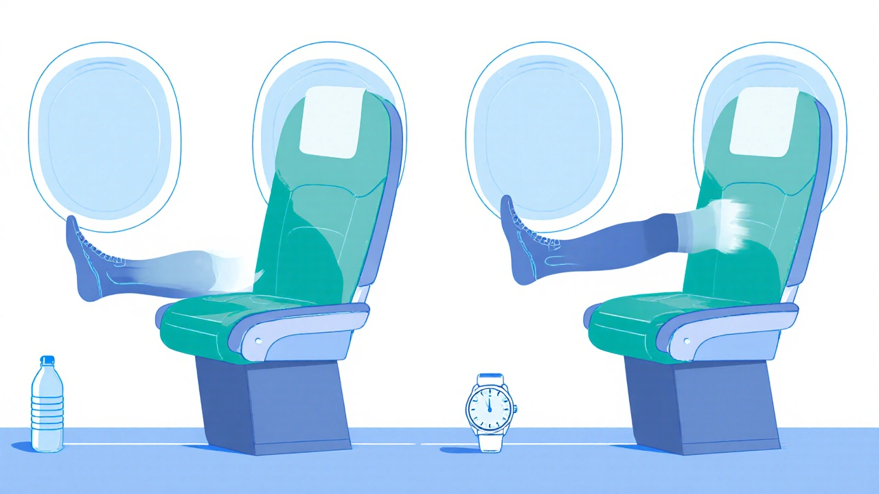 Illustration of legs performing heel lifts, foot circles, knee extensions, and ankle pumps during a flight.