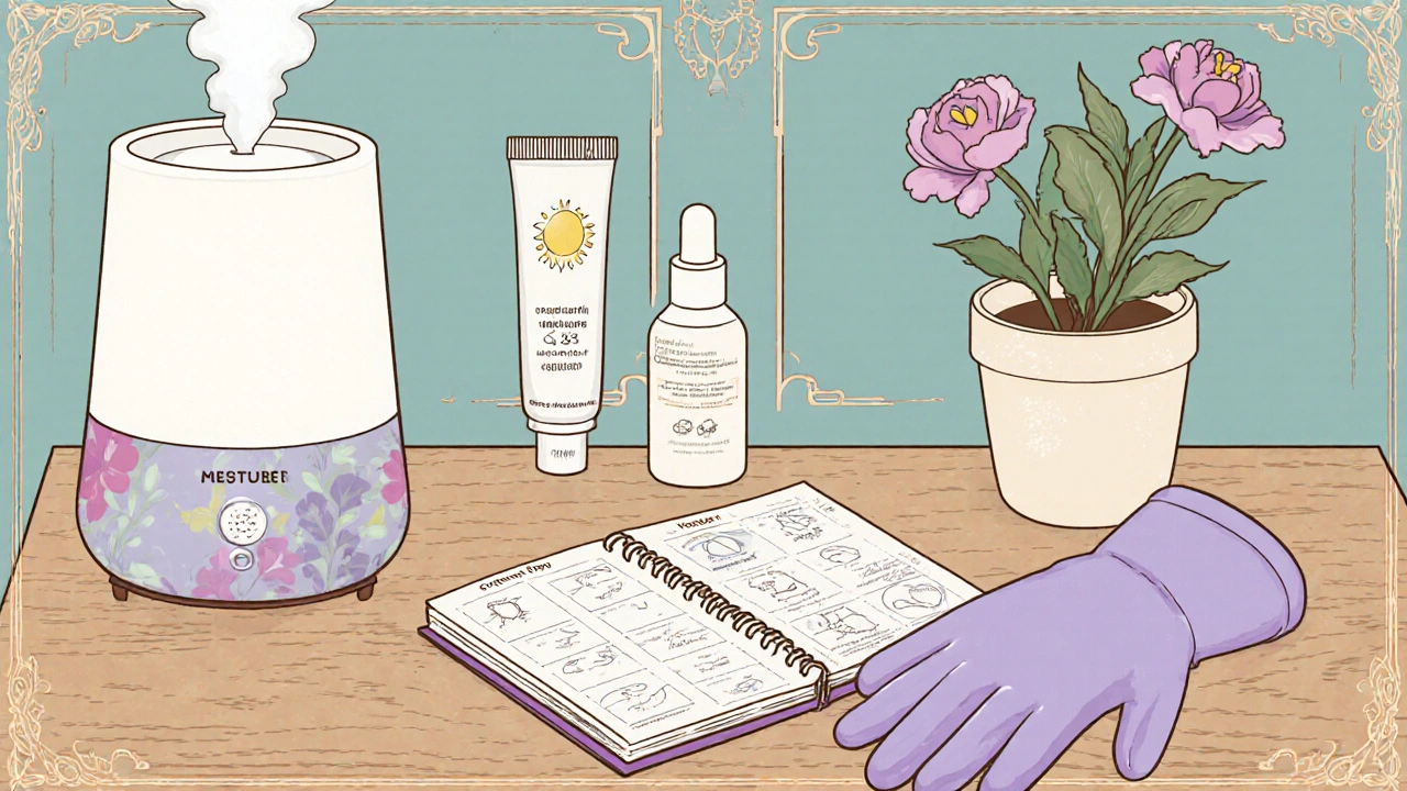 Indoor vanity with humidifier, skin diary, moisturizer, sunscreen and gloves.