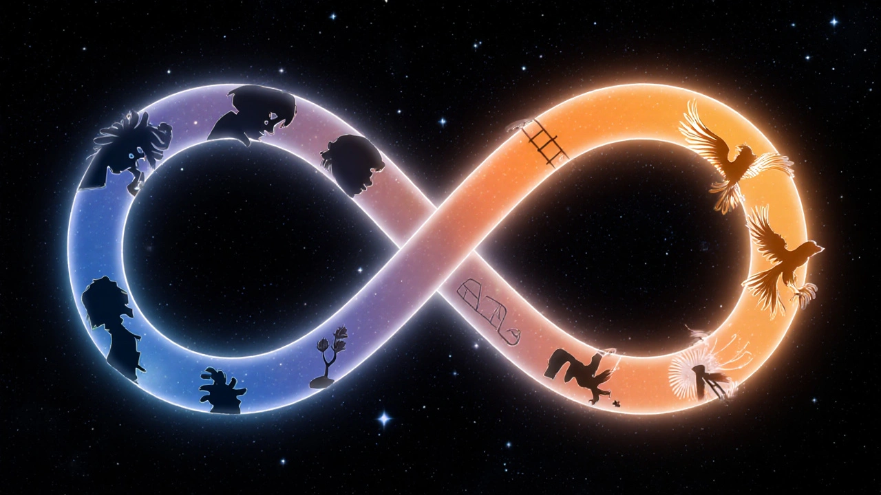 Infinity‑shaped loop glows from indigo to orange, showing weakness turning into courage.