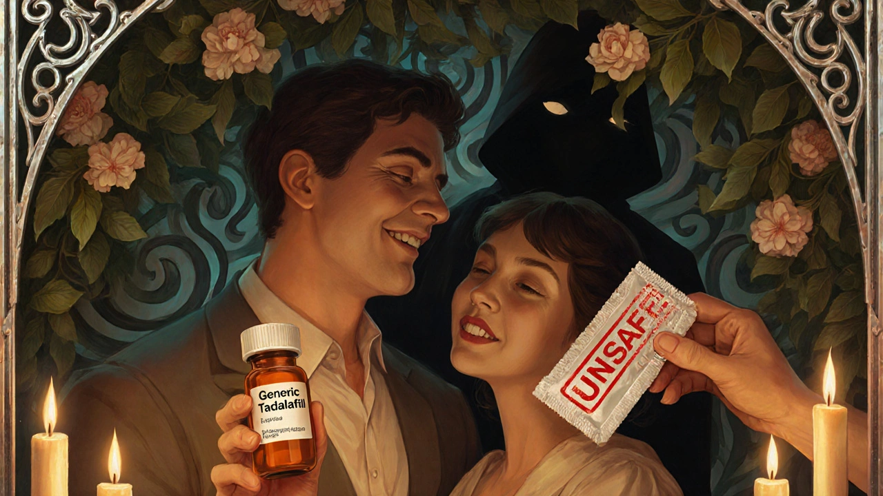 Man holding safe prescription bottle while shadowy figure reaches for unsafe jelly, Art Nouveau style