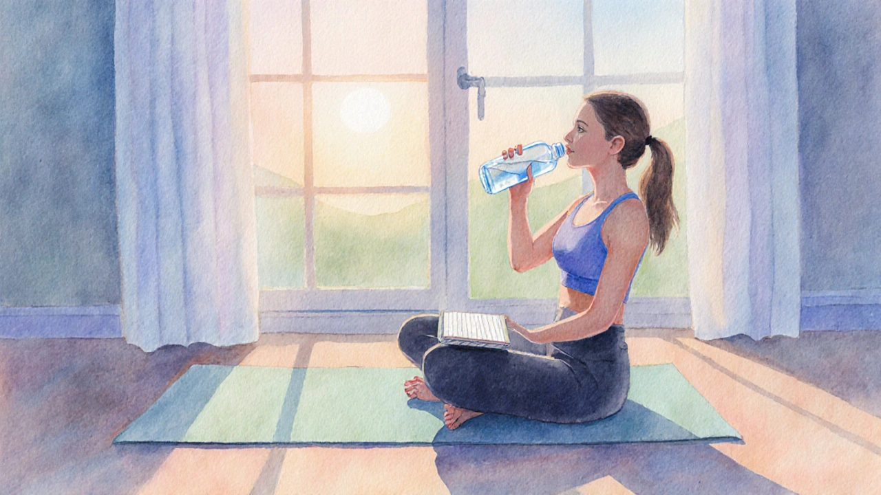 Morning yoga stretch with a journal and water bottle, symbolizing balanced exercise for esophagitis.