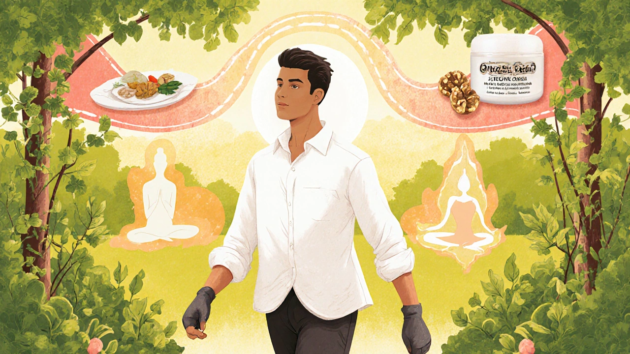Person in garden wearing protective clothing, surrounded by healthy foods and yoga hints.
