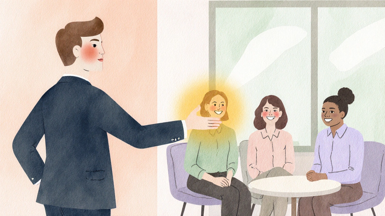 Person introduces themselves to smiling coworkers in a warm break‑room.
