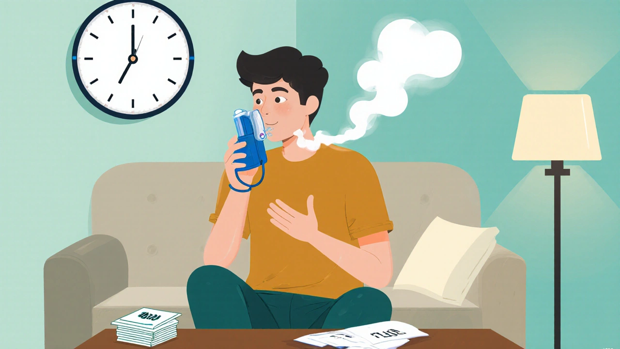 Person using Foracort inhaler at home with clock indicating twice‑daily use.
