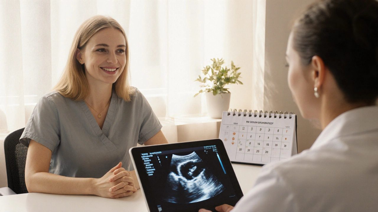 Photorealistic clinic scene with woman consulting doctor beside an ultrasound image.