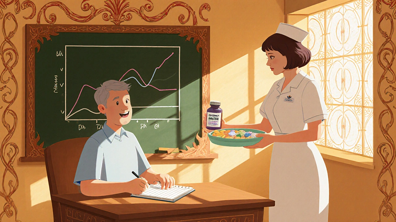 Scene of a patient writing in a diary while receiving a Vilazodone bottle in a decorative clinic setting.