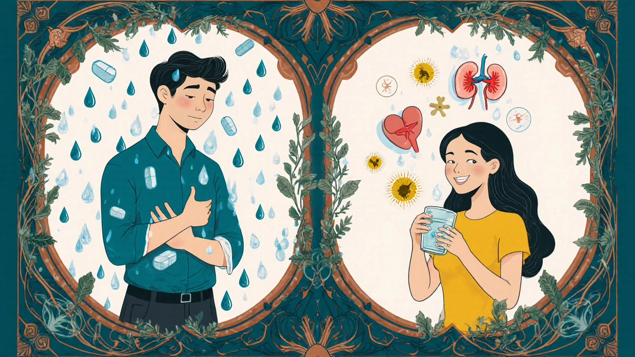 Side-by-side scene: metformin causes stomach distress while empagliflozin brings vitality with heart and kidney benefits.
