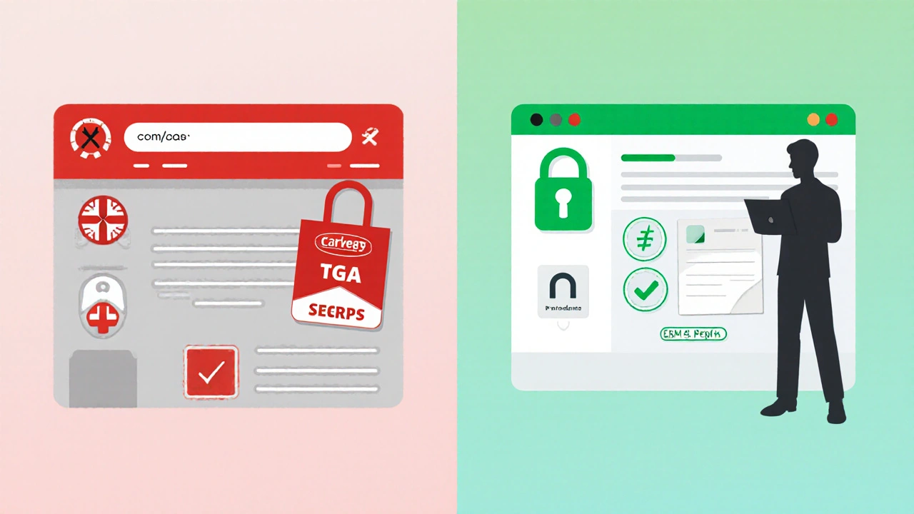 Split illustration contrasting risky website signs with safe pharmacy indicators.