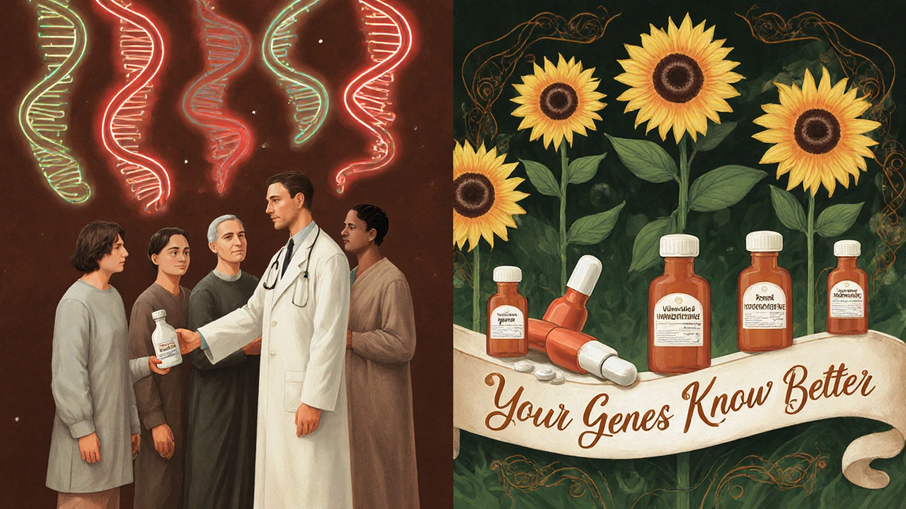 Split illustration: patients with glowing genes receive pills; safer alternatives rise like flowers, labeled 'Your Genes Know Better'.
