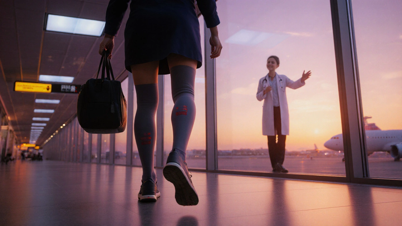 Traveler walking through airport at dusk, stretching legs and meeting a medical professional after landing.
