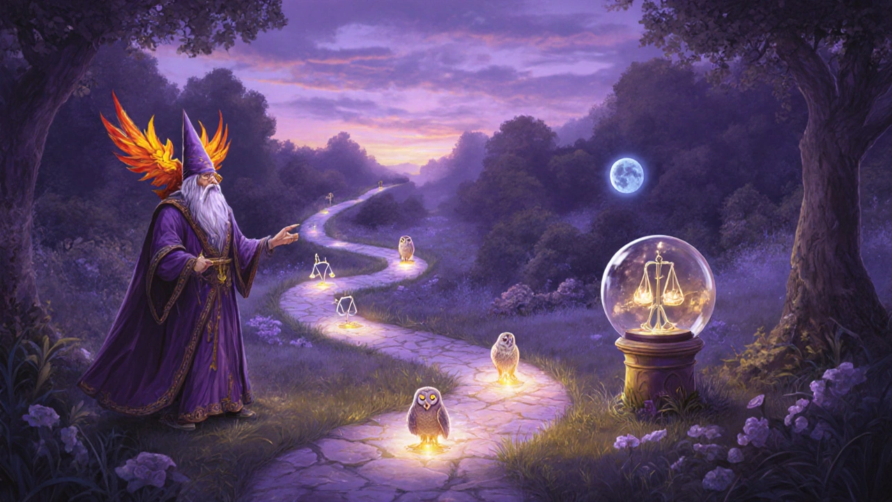 Wizard guiding a traveler toward three illuminated paths symbolizing treatment options in a garden.