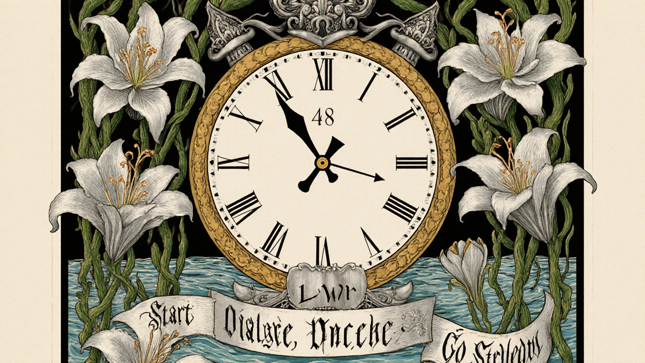A floral medical clock showing 48 hours, with naldemedine flowers and dialysis lilies symbolizing safe opioid management.