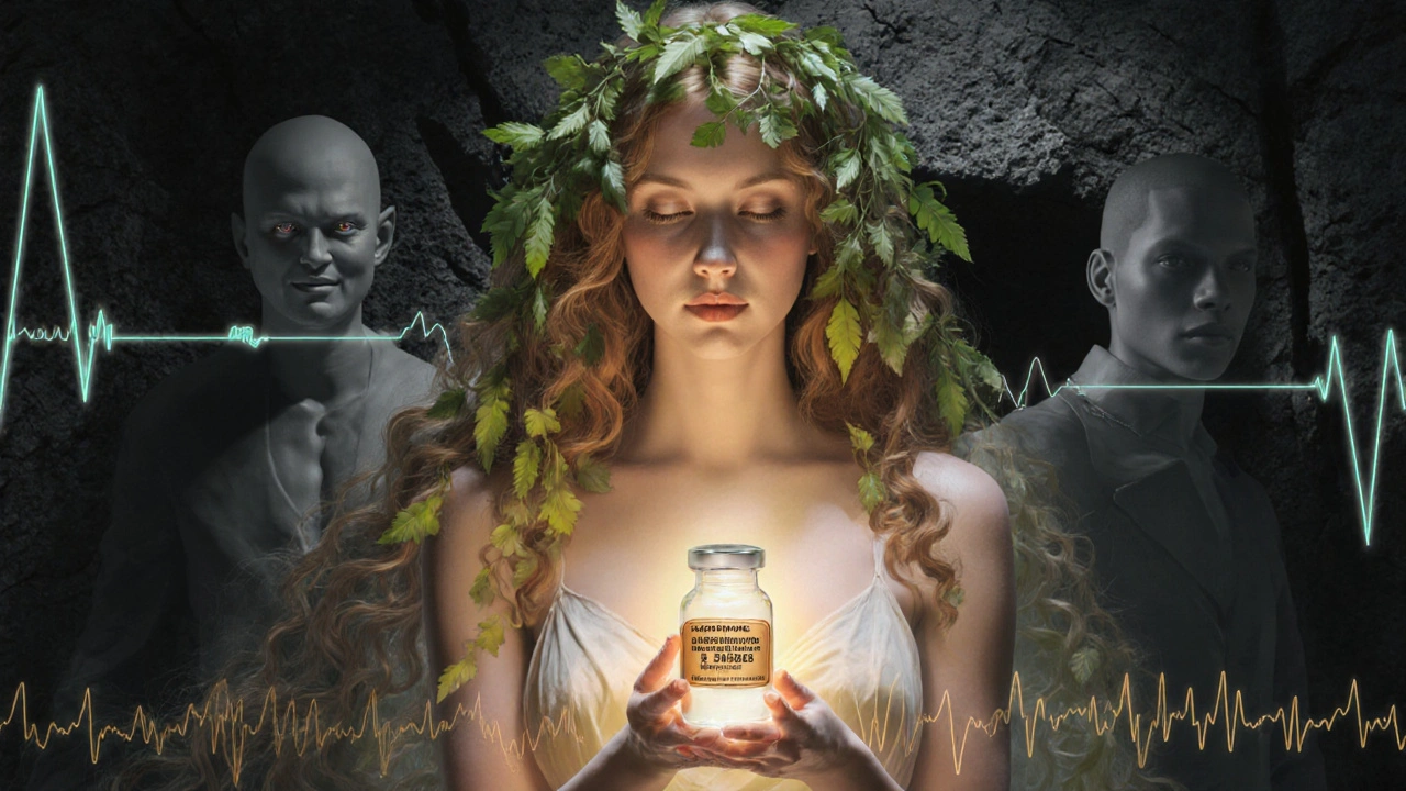 A graceful figure holding buprenorphine, with ECG waves as hair, while dangerous opioids crumble behind her.